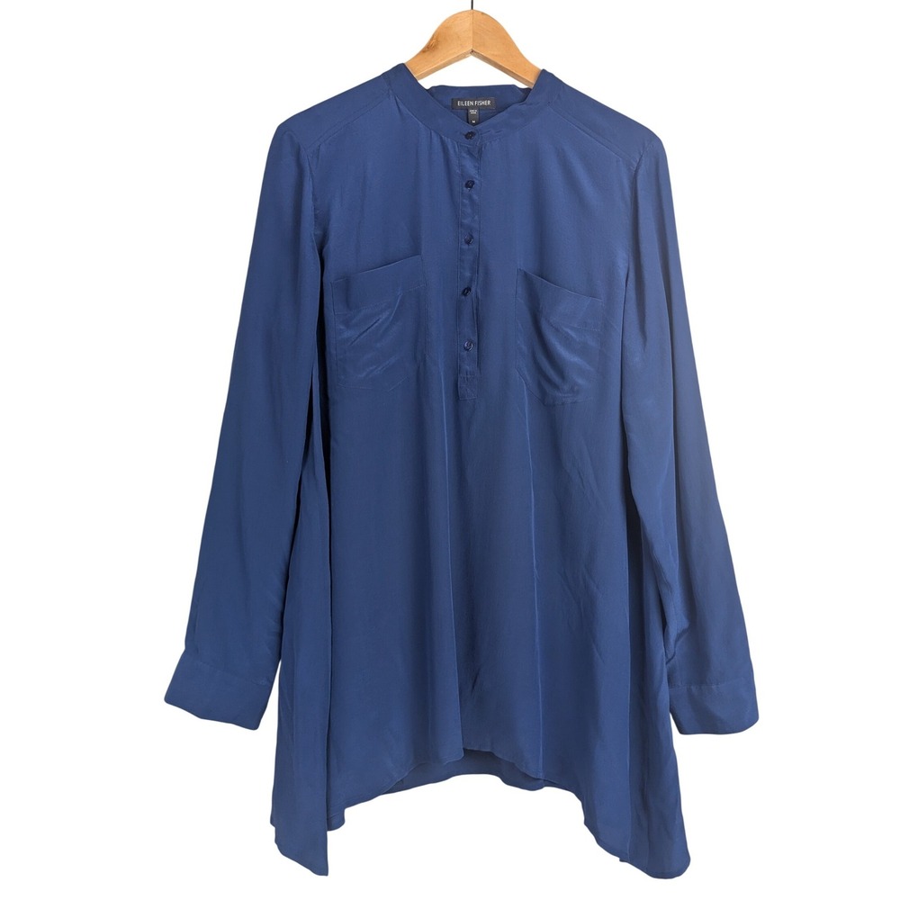 M Eileen Fisher Navy Blue 100% Silk Mandarin Collar Tunic Blouse